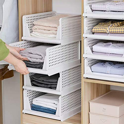 Set of 4 Stackable Foldable Wardrobe Storage Box Organizer (Easy Open and Folding), Plastic White Wardrobe Shelves Closet Organiser Box, Pull Out Like a Drawer, Suitable for Home, Bedroom, Kitchen