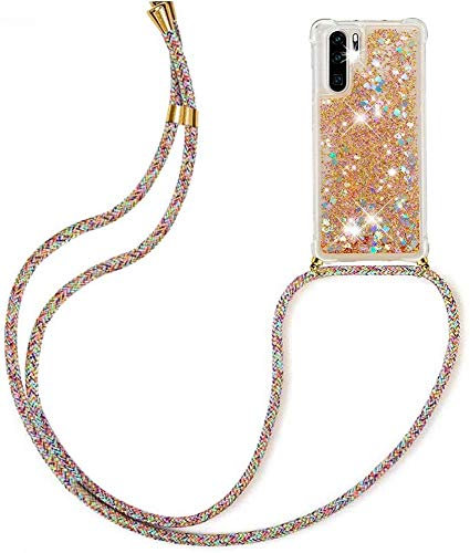 Handykette kompatibel mit für Huawei P30 Pro Hülle,Glitzer Hülle Flüssig Bewegende Treibsand Transparent Handyhülle - Silikonhülle, Hülle mit Band, Stylische Kette mit Hülle für Huawei P30 Pro