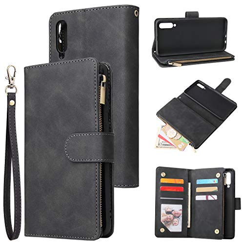 QLTYPRI Hülle für Samsung Galaxy A50, Premium Leder Handyhülle mit Große Kapazität 6 Kartenfach & 1 Reißverschluss Tasche Ständer Schutzhülle für Samsung Galaxy A50 - Schwarz