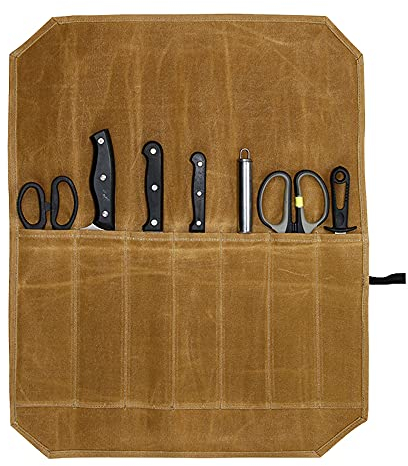 Fatiya Knife Storage Bags and Rolls, Waxed Canvas Chefs Knife Carrier Holder, Cooking Knives and Utensils Wrap Bag, 7 Pockets Portable Protector Case for Kitchen Tools (Khaki)