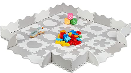 Relaxdays Puzzlematte 52-teilig, EVA Schaumstoff, schadstofffrei, 1,4 m², Spielmatte mit Rand, versch. Motive, grau/weiß