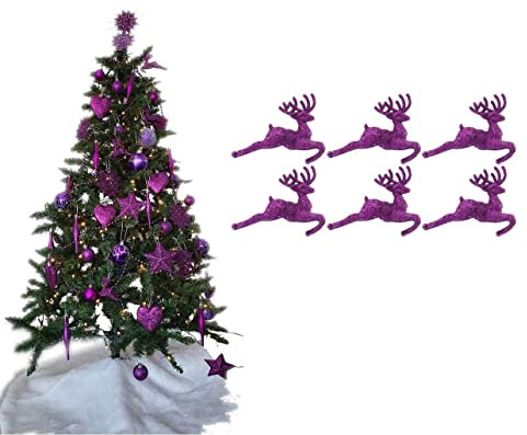 Pack of 6 - Hanging Glitter Reindeer Christmas Tree Decorations - 2.2cm x 9.5cm (Dark Purple)