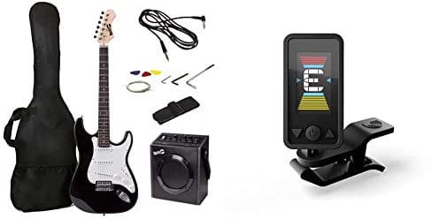 RockJam Full Size Electric Guitar Kit with 10-Watt Guitar Amp, Lessons, Strap, Gig Bag, Picks, Whammy, Lead and Spare Strings - Black & D'Addario Guitar Tuner - Eclipse Headstock Tuner - Black
