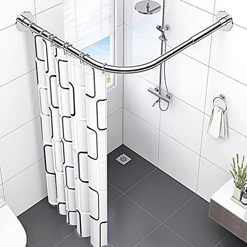 mosegor Shower Curtain Rail L Shaped Shower Curtain Rod Extendable Corner Shower Curtain Pole with Curtain for Bathroom Clothing Store Private Space Drill Free Install 70-95 cm
