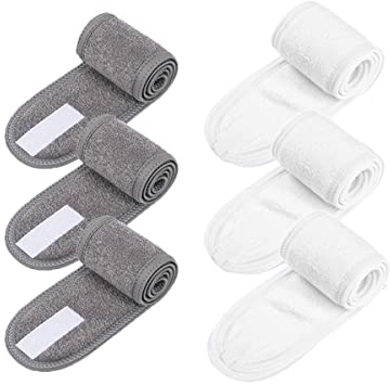 BangShou 6Stk Kosmetishe Haarband mit Klettverschluss, SPA Stirnband Frottee Haarschutzband für Duschen, Make Up und Kosmetik (Weiß+Grau)