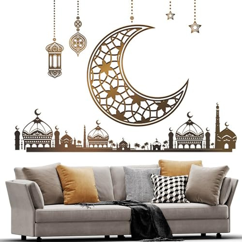 Ramadan Aufkleber Wandtattoos Wanddekoration, Eid Mubarak Wandkunst Dekoration Ramadan Dekoration PVC Wandaufkleber, Islamischer Spiegel Dekoration Wandaufkleber für Zuhause Wohnzimmer Schlafzimmer