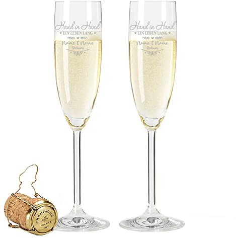 Leonardo Sektglas mit Gravur - Hand in Hand ein Leben lang - Personalisiert mit Namen & Datum - Geschenk für Paare - Geschenk zum Valentinstag, Jahrestag & zur Hochzeit