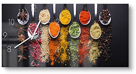 DEQORI Glasuhr | vertikal 60x30 cm | Motiv Kochlöffel mit Gewürzen | große XXL Design Uhr aus Glas | leise Wanduhr für Wohnzimmer & Küche | moderne Hingucker Uhr für die Wand