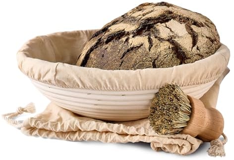 Praknu Gärkorb zum Brotbacken - Aus nachhaltigem Rattan - Rund - Set inkl. Bürste, Leineneinlage & Brotbeutel - Geruchsneutral