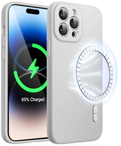 JETech Magnetic Silicone Case for iPhone 14 Pro Max 6.7-Inch, Compatible with MagSafe, Phone Cover with Camera Lens Full Protection (Light Grey)