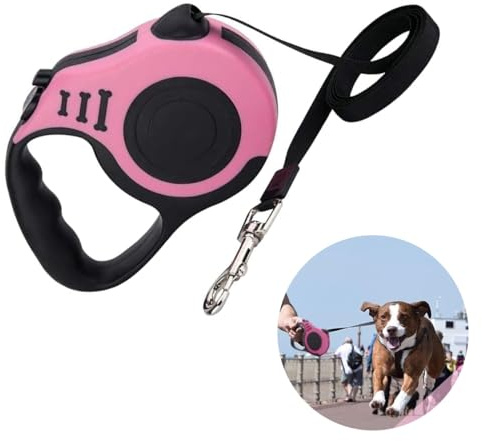 Laisse Chien Enrouleur,5m Laisses rétractables Ruban Nylon Solide Laisse Chien Rétractable pour Chiens jusqu'à 10kg,Frein à Une Main,Verrouillage,Rose