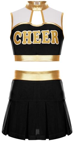 MSemis Cheer leader Kostüm Kinder Mädchen Cheerleading Uniform Cheerleadingkleid/Ärmellos Crop Top mit Minirock Halloween Tanzkostüm I Schwarz 134-140