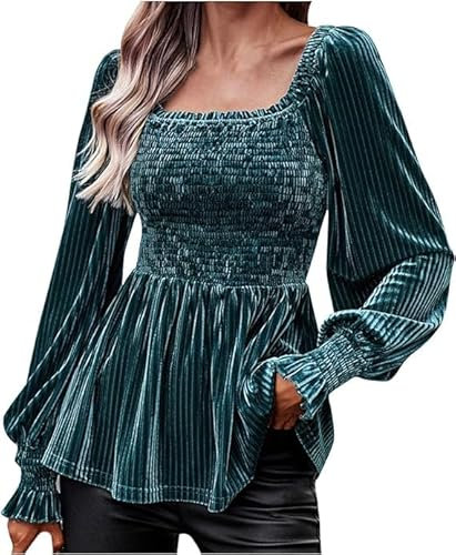 Womens Square Neck Peplum Smocked Tops Lantern Long Sleeve Solid Color Velvet Shirt (Green,S)