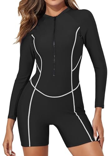 Maeau - Athletic Swimsuits for Women Swimwear Modest Swimming Costume One Piece Surfing Swimsuit Long Sleeve Rash Guard XXL Balck