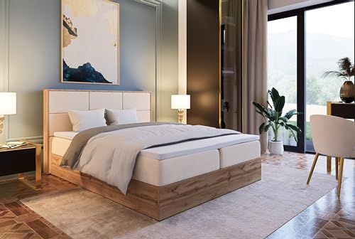 Marlux-Meble Boxspringbett 120x200 mit Matratze und Bettgestell - Polsterbett 120x200 mit Bett Kopfteil Matratzen Topper und Bettkasten (Leoni II, Beige)