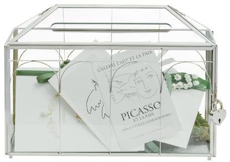 NCYP 32 x 15 x 23 cm Glas-Karten-Box mit Schlitz und Schloss für Hochzeitsempfang – Vintage geometrischer Kartenhalter Party Home Tabletop Decor Silber – Schlitzlänge 18,5 cm (nur Glasbox)