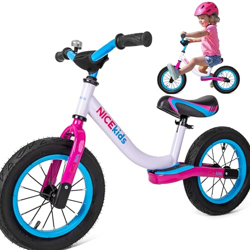 NICEkids Laufrad 12' | Lauflernrad, Laufrad für Kinder, leichtes Fahrrad mit Verstellmöglichkeiten und Klingel, verstellbare Höhe des Sattels und des Lenkers, solide Konstruktion | Weiß Rosa