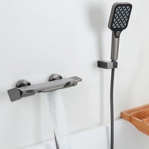 SHANFO Grifo de Bañera Cascada, Grifo de Bañera con Ducha, Mezclador Ducha Montado en La Pared, Latón, Gris, 14Y7OK