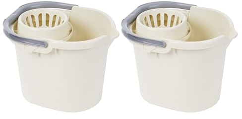 (Set of 2) - SOFT CREAM 16L Litre Floor Cleaning Mop Bucket with Removable Wringer & Handle Strong Plastic Mop Bucket Cleaning Bucket Floor Cleaning Bucket - Measuring Scale, Pouring Spout