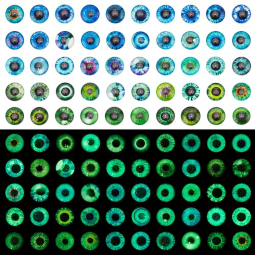 PH PandaHall 100PCS Tieraugen Glas Cabochons, 12mm leuchtende Tieraugen Kacheln Runde Glaskuppel Cabochons Flatback Glow in the Dark Augen für Kunst Requisiten Foto Cameo Anhänger Schmuckherstellung