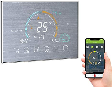 Aoresac Termostato per caldaia a gas, termostato intelligente WiFi per casa, termostato programmabile intelligente con controllo vocale APP, display LCD retroilluminato (argento)