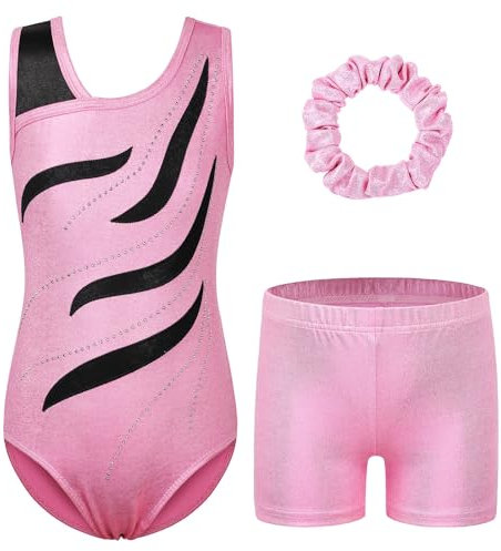 ZNYUNE Mädchen Turnanzug mit Hose Haarband Set Gymnastikanzug Kinder Shorts Trikot Turnen Ärmellos/Langarm Kleidung klassisch Turnbody B371 Blackpink 14A