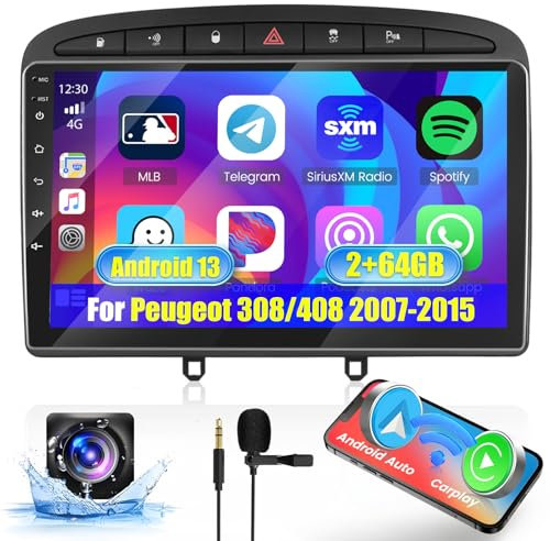 [2G+64G] Hikity Autoradio Android 15 pour Peugeot 308/408 2007-2015 avec Carplay sans Fil Android Voiture 9 Pouces Écran Tactile Autoradio avec GPS WiFi Bluetooth RDS FM DSP SWC+MIC+Caméra de Recul