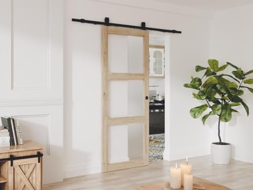 Vente-unique - Porte coulissante avec système en applique en bois et verre trempé dépoli - 3 fenêtres - H205 x L83 cm - ACOSTA II