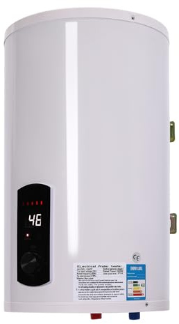 OUKANING Elektrisk varmvattenberedare, varmvattenberedare för badrum/kök, 25-75 °C, 220 V, 2000 W, rostfritt stål, emalj + plast, med dusch, IPX4, läckageskydd, kran (vertikal, 30 l)