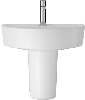 Balterley 420mm Bathroom Sink, Semi Pedestal Ceramic Round Bowl Bathroom Wash Basin Sink with Overflow, 1 Tap Hole, Wall Mounted Basin Sinks for Cloakroom - 420 x 380 x 450mm (White)