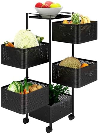 Youyijia 5-Tier Rotating Square Vegetable Rack with Wheels - Movable Fruit Storage Basket for Living Room, Toilet & Kitchen