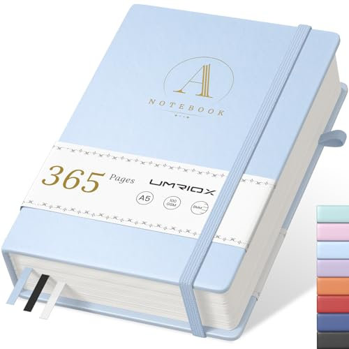 Umriox Tagebuch für Erwachsene A5 Liniert Notizbuch,365 Seiten Hardback Dickes Notizbücher mit 100gsm Papier,Leder Collegeblock Notizblock für Büro Schule Arbeit Frauen Männer,14.5 x 21cm-Hellblau