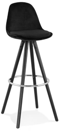 KADIMA DESIGN Barhocker Schwarz Samt 75 cm Sitzhöhe | Holzbeine Retro Hocker | Vintage Bar Stuhl mit Fußstütze | Retro Chic Stil | 41x41x97 cm Sitzhocker | Spirit Kollektion