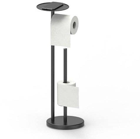 YUET Freestanding Toilet Roll Holders Free Standing Folding Paper Holder Stand Storage Stainless Steel Bathroom, Anti Rust Pedestal Free-Standing Dispenser Holds 5 With Shelf (Black)