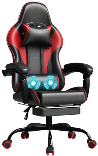 JUMMICO Gaming Stuhl, Schreibtischstuhl mit Massagefunktion,Bürostuhl Ergonomisch mit Fußstütze,150 kg, Rot