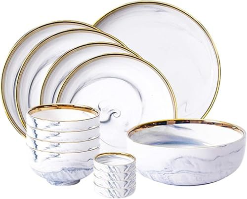 Set de Vaisselle, Service Vaisselle, Service de table de cuisine 14 pièces avec assiette marbrée à bordure dorée