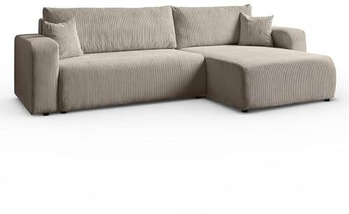 Margaret Hadas24 Ecksofa L-Form Sofia 277 x 143 cm mit Schlaffunktion & Bettkasten – modernes Cord Sofa, Schlafsofa, Schlafcouch – Bequeme Wohnlandschaft mit Stauraum, universale Seite (Cappuccino)