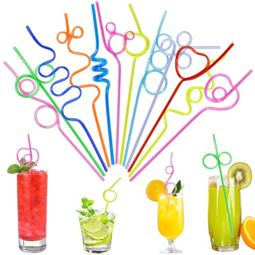 LANKYSLAN 36 Pezzi Cannucce Riutilizzabili Cannucce Colorate Multiforme ricurve Cannucce da Cocktail Varie di Carino Forme Cannucce per Succhi di Frutta e Cocktail per Compleanni Matrimoni e Festa