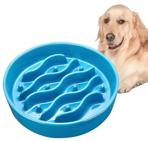 Ceramic Slow Feeder Dog Bowls for Medium and Large Breed, 8-Inch Dog Slow Feeder Bowl for Fast Eaters, 33oz, Baby Blue