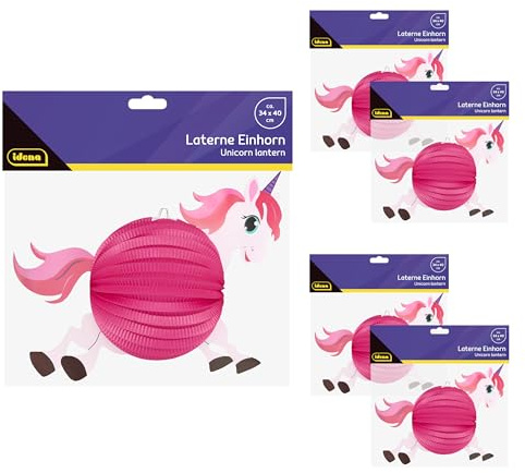 Idena 90434 - Lampion Einhorn, 5 Stück je ca. 34 x 40 cm, Pinke Papierlaternen mit 3D Motiv, Kinder Laternen für Sankt Martin und Lichterfest