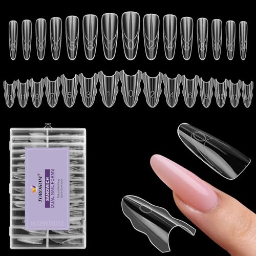 TOROKOM 240 st smörgås dubbla nagelformer, genomskinliga nagelformar för topp- och bottendesign för snabba nagelförlängningar, återanvändbar nagelform för bygggel och polygel, inga pappersformer