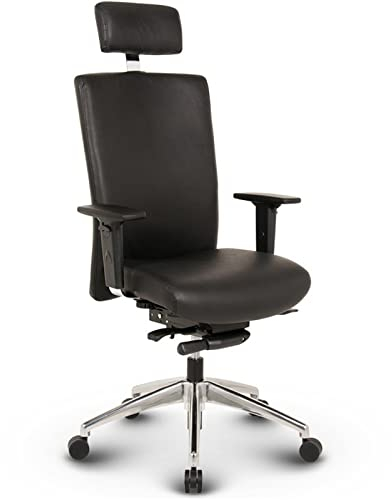 VERSEE Ergonomischer Echt-Leder Chefsessel Bürostuhl Terox in Schwarz mit Kopfstütze für Büro und Home-Office - Belastbar bis 150kg