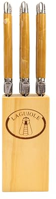 Pradel Excellence - Bloc Couteaux 6 Pièces - Bloc de Rangement en Bois - 6 Couteaux, Lames Dentelées en Acier Inoxydable, Manche Façon Corne Blonde - Ustensiles de Cuisine, Style Intemporel