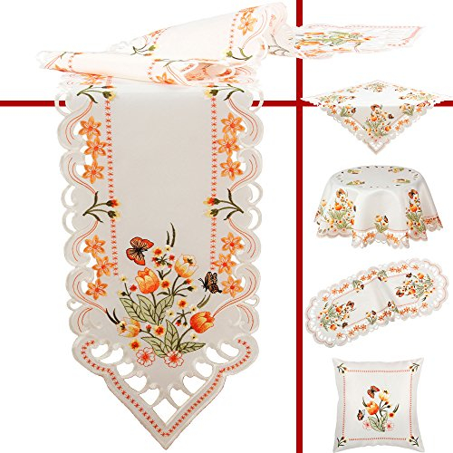 Quinnyshop Orange Tulpen und Schmetterlinge Stickerei Tischläufer 30 x 160 cm Oval Polyester, Weiß