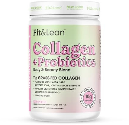 Fit & Lean Collagen + Probiotics- Grass-fed Collagen Peptide Powder, Unflavored, 12.64oz
