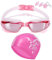 Occhialini Nuoto + Cuffia Nuoto, Silicone Occhialini Nuoto a Specchio Anti Appannamento, Anti UV, Gratis Clip per Naso & Tappi per Orecchie, per Adulti, Uomini, Donne, Ragazza e Bambino (Pink)