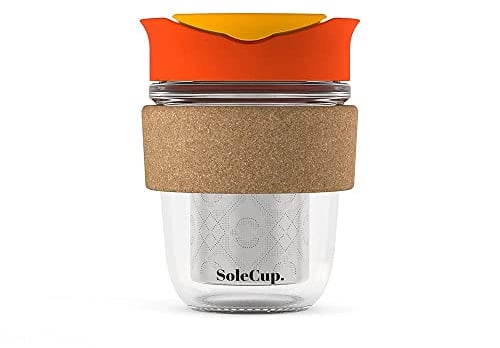 SoleCup. Travel Mug Loose Tea Infuser - Detachable Tea Strainer with Spillproof Lid - BPA-Free Reusable Glass Travel Coffee Cup with Cork Band (Red)