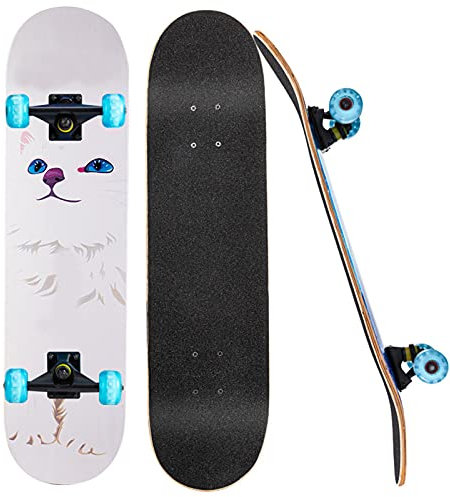 HSGAV Skateboards für Anfänger, 31 x 8 komplette Skateboards mit LED-Leuchträdern, 7 Layer Canadian Maple Double Kick Deck Skateboards für Kinder Teen Erwachsene,White cat