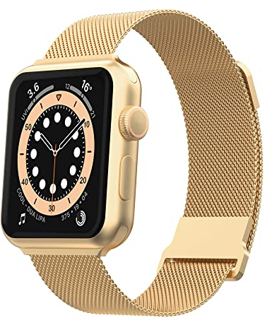 Biuupa Edelstahl Armband Kompatibel mit Apple Watch Armband 42 44 45mm, Mesh Metall Ersatzarmband mit Einstellbar Magnetschloss für iWatch 9/8/7/6/5/4/3/2/1 SE für Damen/Herren - Gold
