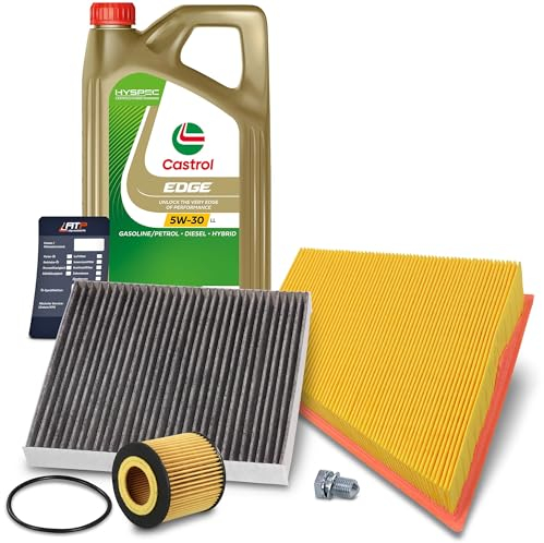BESTPRICE Inspektionspaket Filterset mit 1x Ölfilter; 1x Innenraumfilter (Aktivkohle); 1x Luftfilter; 1x Ölablassschraube mit Dichtring; 1x Ölwechselanhänger; 1x Motoröl 5W-30 CASTROL FST TITANIUM LON